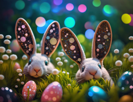 Happy Easter background concept Bunny with easter eggs on meadow with flowers created with Generative AI technologyの素材