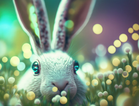 Happy Easter background concept Bunny with easter eggs on meadow with flowers created with Generative AI technologyの素材