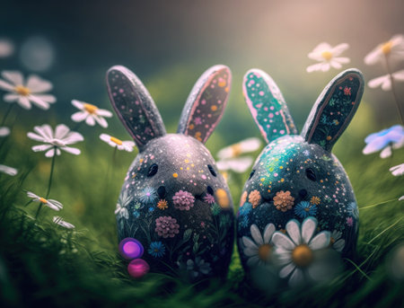 Happy Easter background concept Bunny with easter eggs on meadow with flowers created with Generative AI technologyの素材