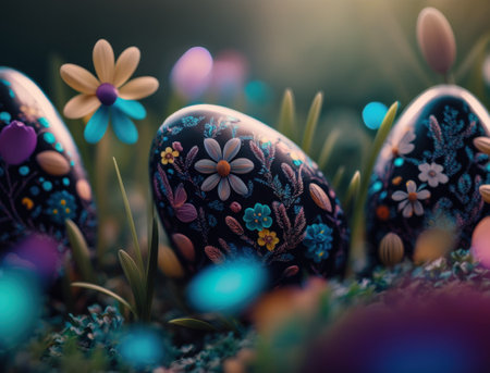 Happy Easter background concept Bunny with easter eggs on meadow with flowers created with Generative AI technologyの素材