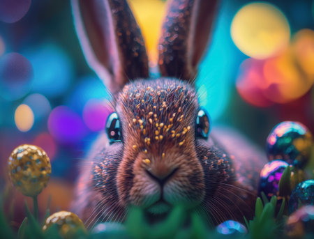 Happy Easter background concept Bunny with easter eggs on meadow with flowers created with Generative AI technologyの素材