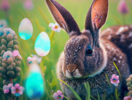 Happy Easter background concept Bunny with easter eggs on meadow with flowers created with Generative AI technologyの素材