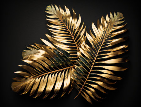 Flat lay bird feathers rose gold sequins and rhinestones black texture holographic high detail top view created with Generative AI technologyの素材