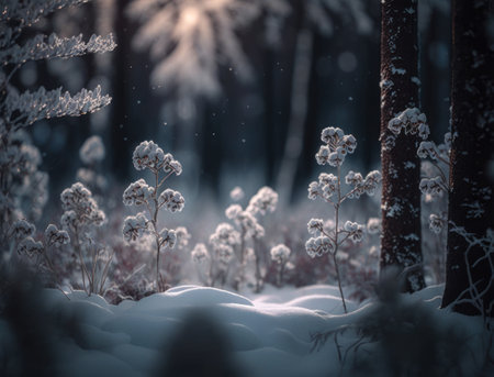 Winter fantasy forest landscape created with Generative AI technologyの素材