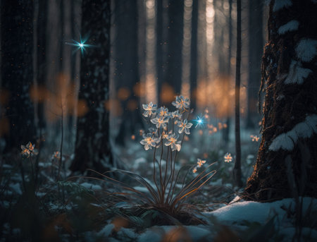 Winter fantasy forest landscape created with Generative AI technologyの素材