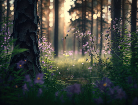 Fantasy forest landscape created with Generative AI technologyの素材