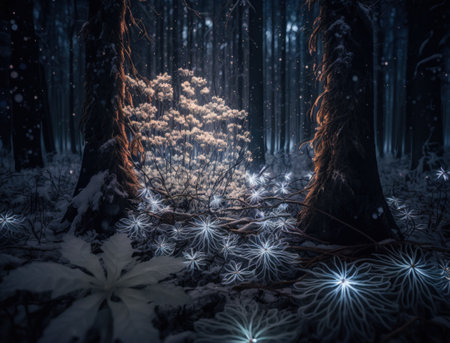 Winter fantasy forest landscape created with Generative AI technologyの素材