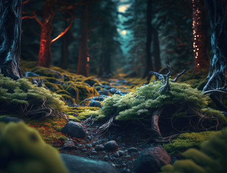 Fantasy forest landscape created with Generative AI technologyの素材