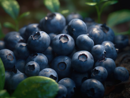 Beautiful organic background of freshly picked blueberry created with Generative AI technologyの素材