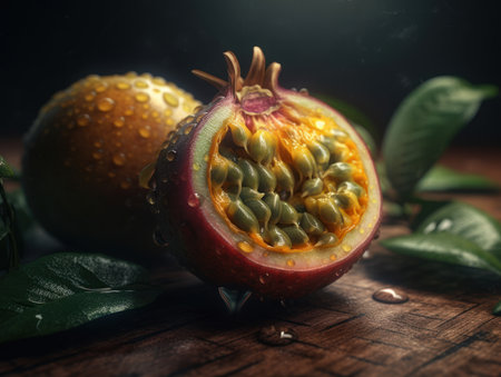 Beautiful organic background of freshly picked passion fruit created with Generative AI technologyの素材