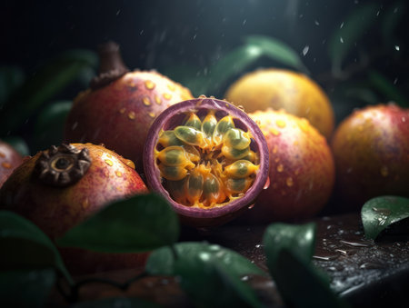 Beautiful organic background of freshly picked passion fruit created with Generative AI technologyの素材