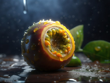 Beautiful organic background of freshly picked passion fruit created with Generative AI technologyの素材