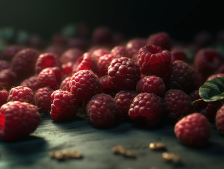 Beautiful organic background of freshly picked raspberries created with Generative AI technologyの素材