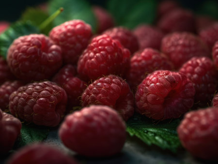 Beautiful organic background of freshly picked raspberries created with Generative AI technologyの素材