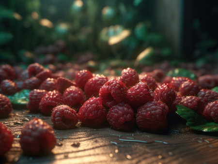 Beautiful organic background of freshly picked raspberries created with Generative AI technologyの素材