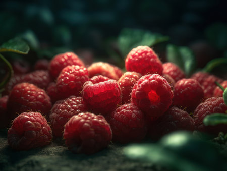 Beautiful organic background of freshly picked raspberries created with Generative AI technologyの素材