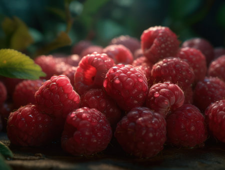 Beautiful organic background of freshly picked raspberries created with Generative AI technologyの素材