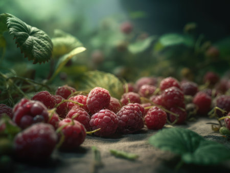 Beautiful organic background of freshly picked raspberries created with Generative AI technologyの素材