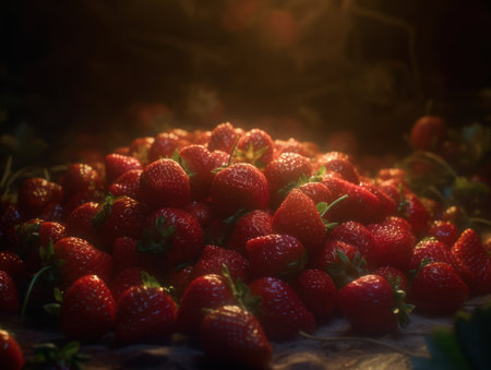 Beautiful organic background of freshly picked strawberry created with Generative AI technologyの素材