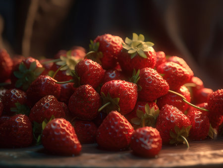 Beautiful organic background of freshly picked strawberry created with Generative AI technologyの素材