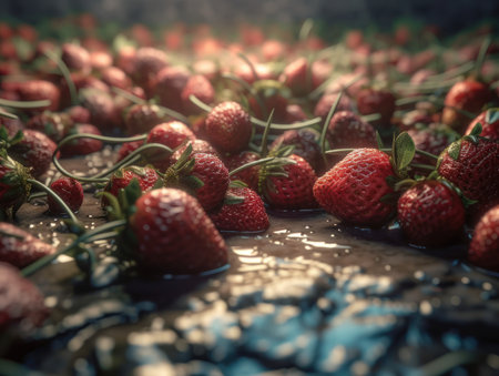 Beautiful organic background of freshly picked strawberry created with Generative AI technologyの素材