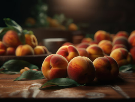 Beautiful organic background of freshly picked peaches created with Generative AI technologyの素材