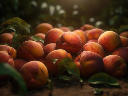 Beautiful organic background of freshly picked peaches created with Generative AI technologyの素材
