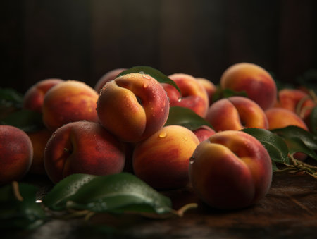 Beautiful organic background of freshly picked peaches created with Generative AI technologyの素材