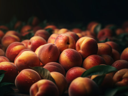 Beautiful organic background of freshly picked peaches created with Generative AI technologyの素材