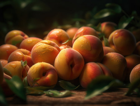 Beautiful organic background of freshly picked peaches created with Generative AI technologyの素材