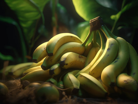 Beautiful organic background of freshly picked bananas created with Generative AI technologyの素材