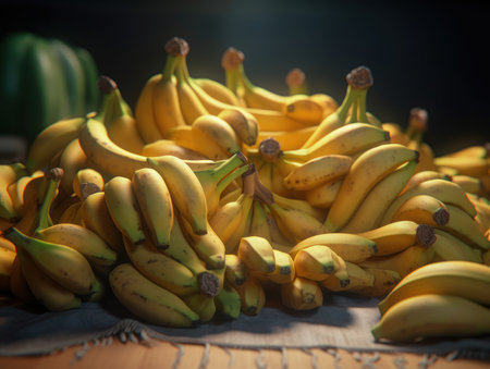 Beautiful organic background of freshly picked bananas created with Generative AI technologyの素材
