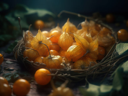 Beautiful organic background of freshly picked physalis created with Generative AI technologyの素材
