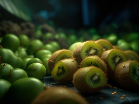 Beautiful organic background of freshly picked kiwi created with Generative AI technologyの素材