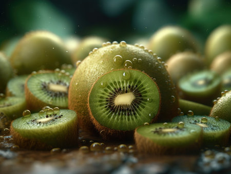 Beautiful organic background of freshly picked kiwi created with Generative AI technologyの素材