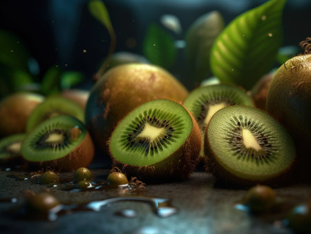Beautiful organic background of freshly picked kiwi created with Generative AI technologyの素材