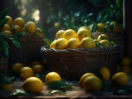 Beautiful organic background of freshly picked lemons created with Generative AI technologyの素材