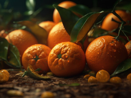 Beautiful organic background of freshly picked mandarines created with Generative AI technologyの素材