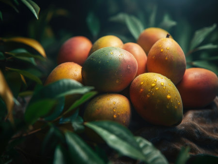 Beautiful organic background of freshly picked mango created with Generative AI technologyの素材