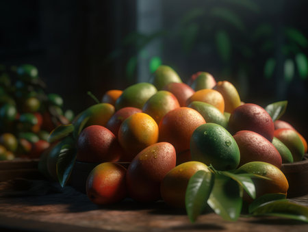 Beautiful organic background of freshly picked mango created with Generative AI technologyの素材