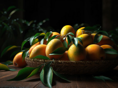 Beautiful organic background of freshly picked mango created with Generative AI technologyの素材