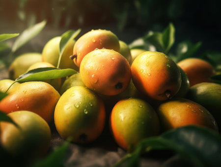 Beautiful organic background of freshly picked mango created with Generative AI technologyの素材