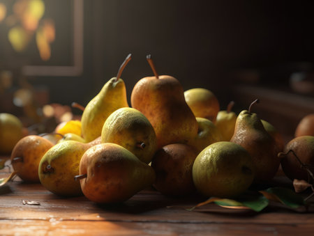Beautiful organic background of freshly picked pears created with Generative AI technologyの素材