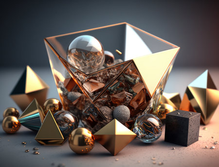 Abstract chaotic geometric background Glossy pyramids and spheres background created with Generative AI technologyの素材