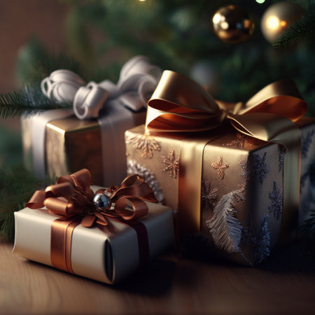 Christmas gifts with bows on a spruce background created with Generative AI technologyの素材