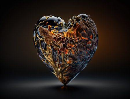 Realistic translucent heart shaped crystal zircon, natural gemstone Generative AI technology Dark backgroundの素材