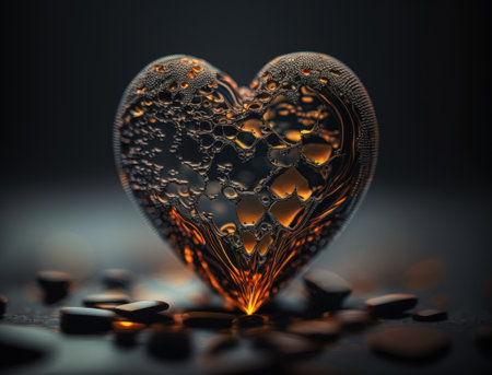 Realistic translucent heart shaped crystal zircon, natural gemstone Generative AI technology Dark backgroundの素材