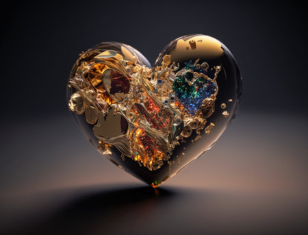 Realistic translucent heart shaped crystal zircon, natural gemstone Generative AI technology Dark backgroundの素材