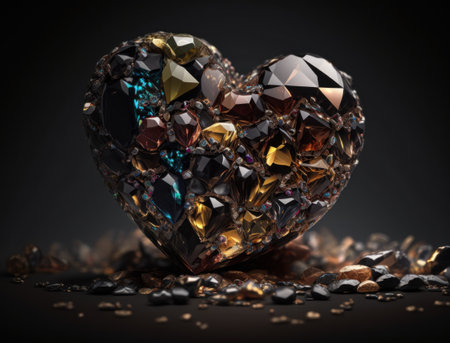 Realistic translucent heart shaped crystal zircon, natural gemstone Generative AI technology Dark backgroundの素材