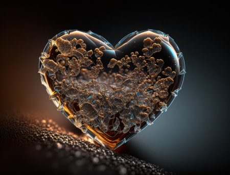 Realistic translucent heart shaped crystal zircon, natural gemstone Generative AI technology Dark backgroundの素材